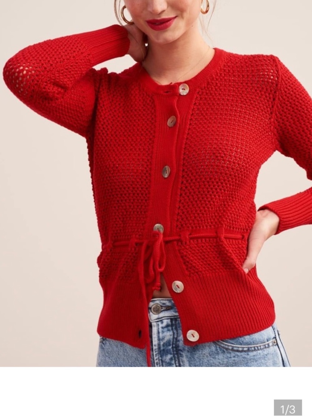 Rouje Red crochet Button-Front Cardigan with Drawstring Waist